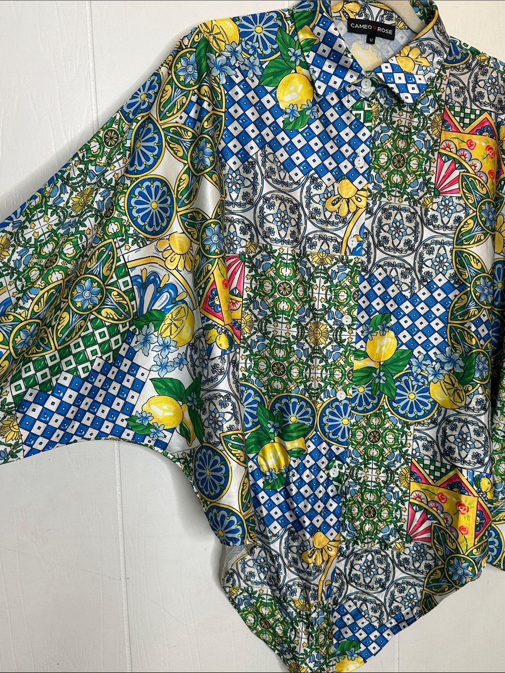 Tie-Front Printed Blouse in Blue, Yellow & Green - Picture 5 of 8